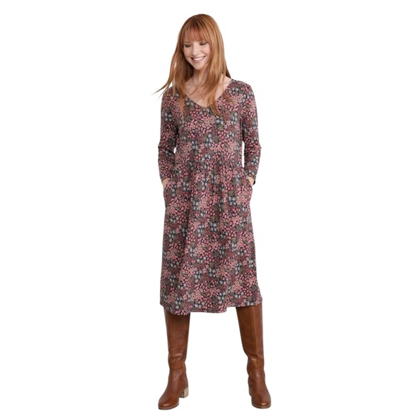 Seasalt Cornwall 3/4 Brush Drawing Dress Floral Pockets Midi Organic Cotton Sz 8 - Picture 1 of 8